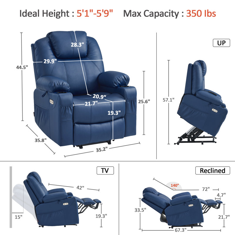 Courtois Medium Power Recliner Lift Chair with Massage and Heat, Faux Leather, Blue