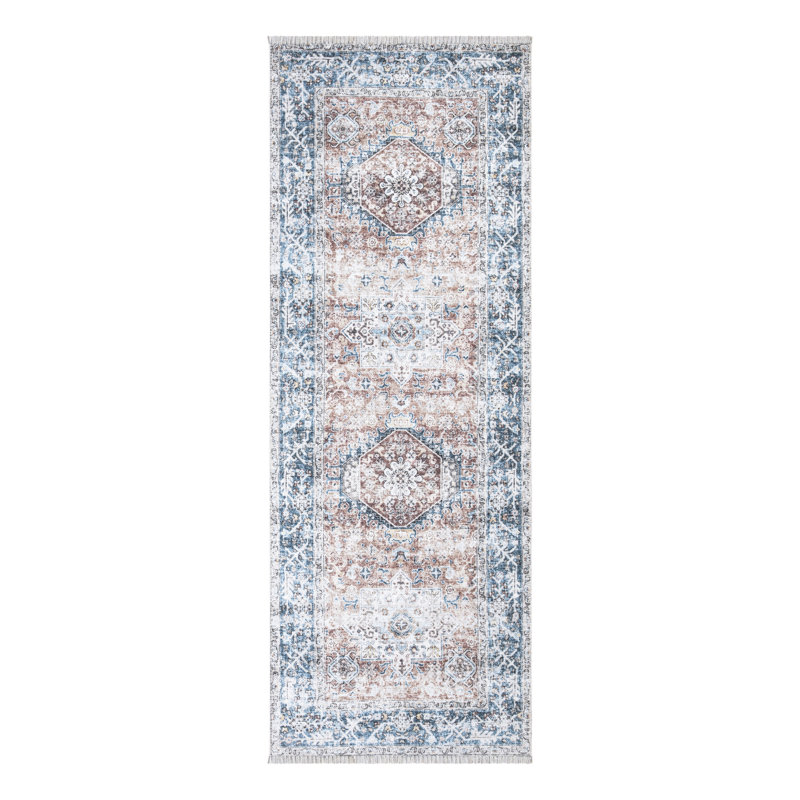 Washable Non-Slip Traditional Blue / Coral Rug , Runner 2'6" x 10'