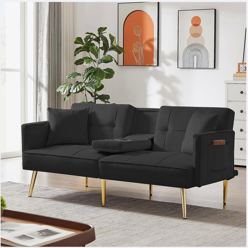 Canapé-lit futon en velours noir avec pieds en métal doré