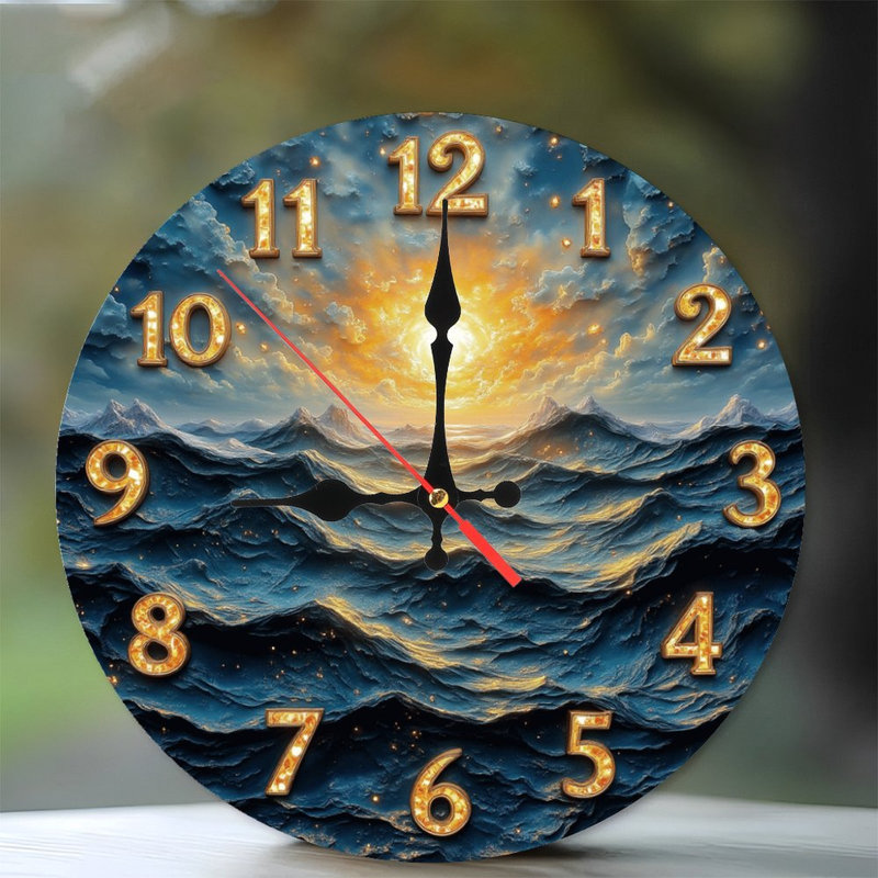 Cadran de l'horloge dorée, coucher de soleil sur l'océan