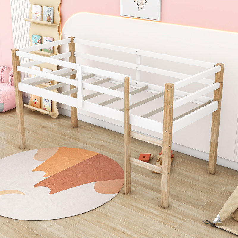 Twin Wood Loft Bed With Ladder, Natural/White