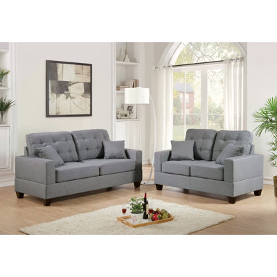 Living Room Furniture 2Pc Sofa Set Grey Polyfiber Tufted Sofa Loveseat W Pillows Cushion Couch