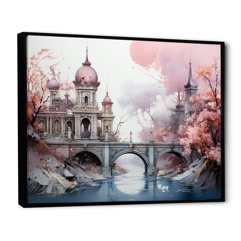 " Pink Bridge Enchanted Crossing I ", Black Floater Framed, 16" H x 32" W x 1" D