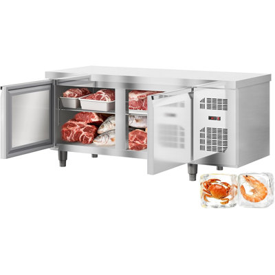 Congélateur commercial de 60 po avec table de préparation, table de préparation en acier inoxydable de 15 pi³ avec 2 portes, réfrigérateur sans givre pour restaurant, bar et magasin