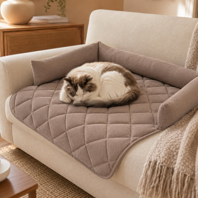 Corduroy Pet Sofa Mat with U-Shaped Bolster – 29.5" x 29.5" Scratch-Resistant Couch Protector with Non-Slip Base, Washable Furniture Cover for Cats & Small to Medium Dogs (Khaki)