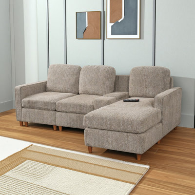 Canapé d'angle moderne avec méridienne réversible, revêtement en chenille, console de rangement dissimulée, pieds en bois d'hévéa