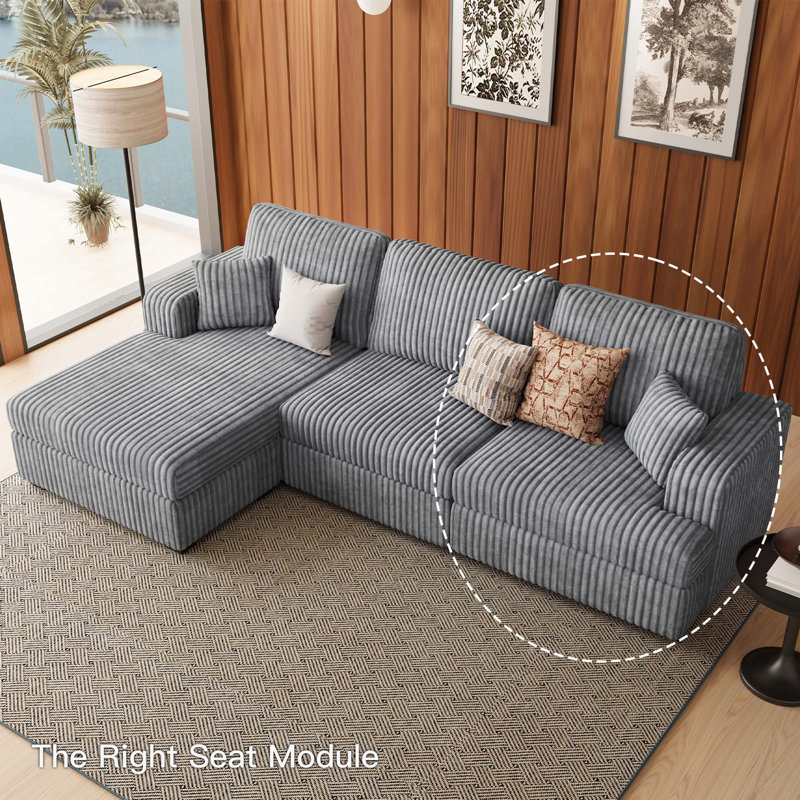 Bianca Right Seat Of The Plush Corduroy Modular Sofa, Light Gray Corduroy