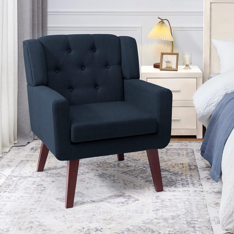Chaise d'appoint rembourrée capitonnée avec accoudoirs en lin, Lin bleu foncé