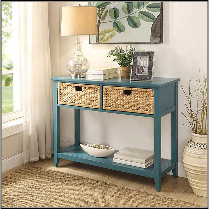 Teal Console Table With Bottom Shelf, Teal