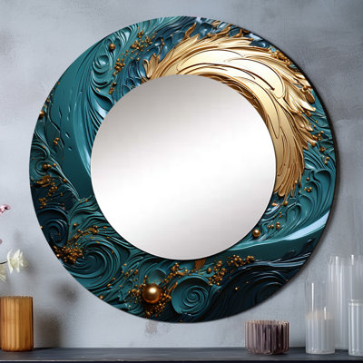 Seok Teal Majestic Motion I - Abstract Spirals Wall Mirror, Blue Round Decorative Mirror, Printed Metal Art