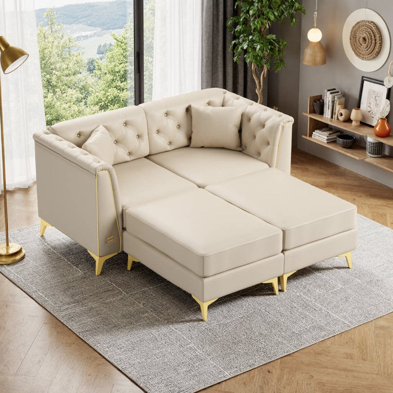 Canapé modulaire en similicuir Chesterfield Riner avec capitonnage à boutons et garniture en métal, 2 sièges, Blanc beige