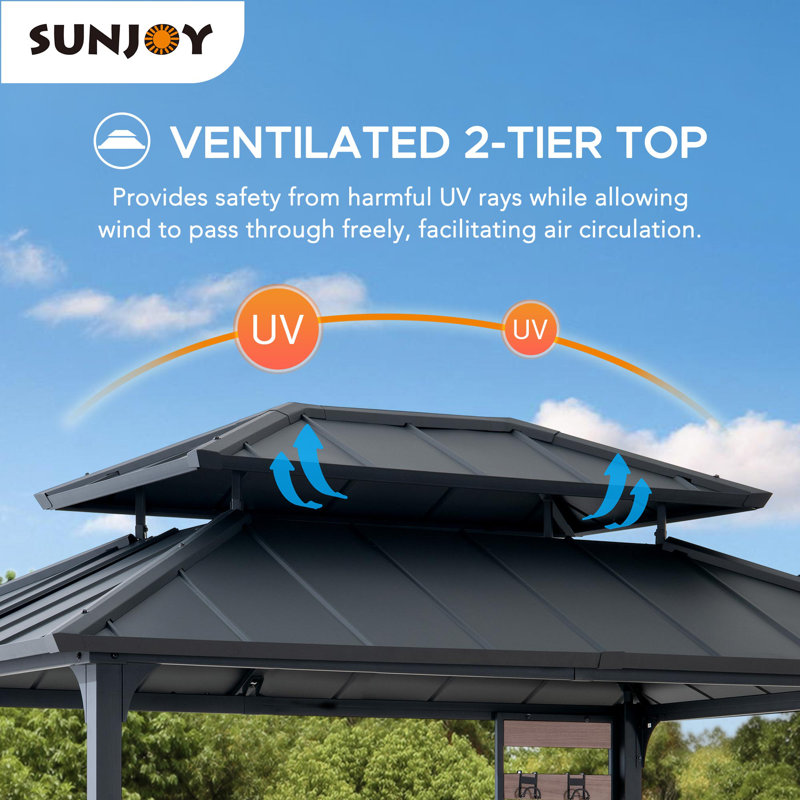 Matte Black 7 x 9 ft. 2-Tier Hardtop Grill Gazebo with Storage Shelves