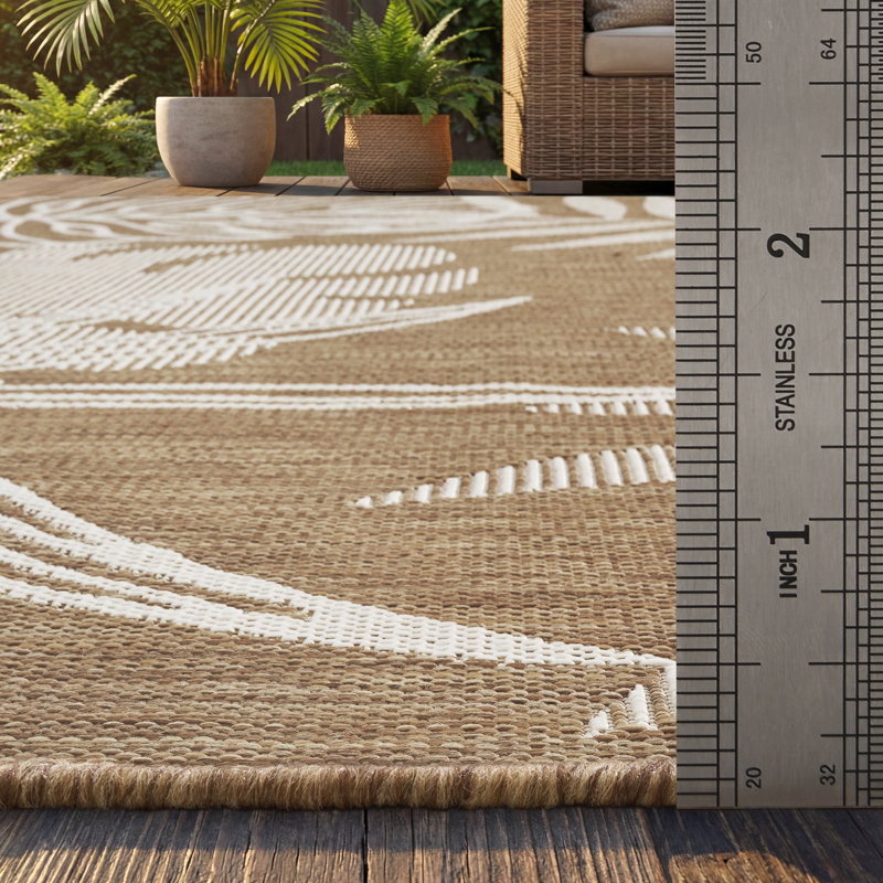 Tropical Leaf UV Resistant Woven Indoor Outdoor Rug Brown/Beige/Ivory, Rectangle 5' x 7', Brown/Beige/Ivory