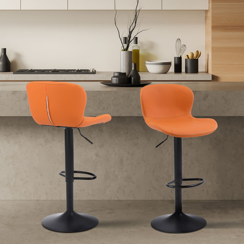 Orange Adjustable Swivel Metal and Leather Bar Stools Set