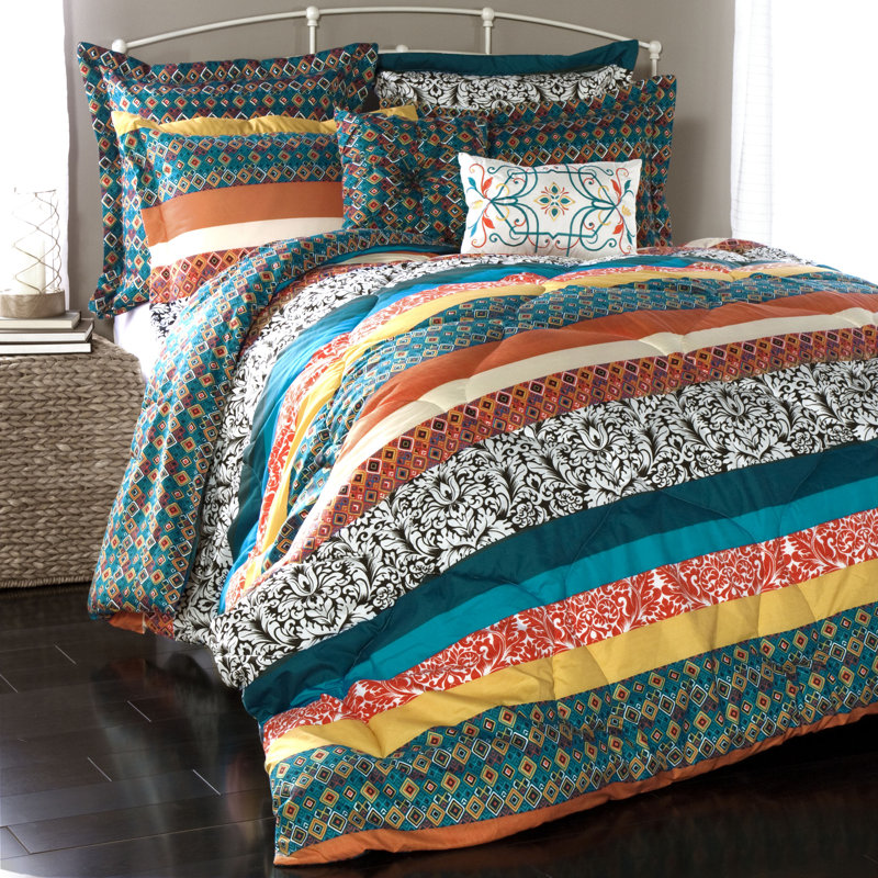 Boho Stripe Turquoise/Tangerine Microfiber Reversible Comforter Set, Full/Queen Comforter+4 Shams+2 Throw Pillow