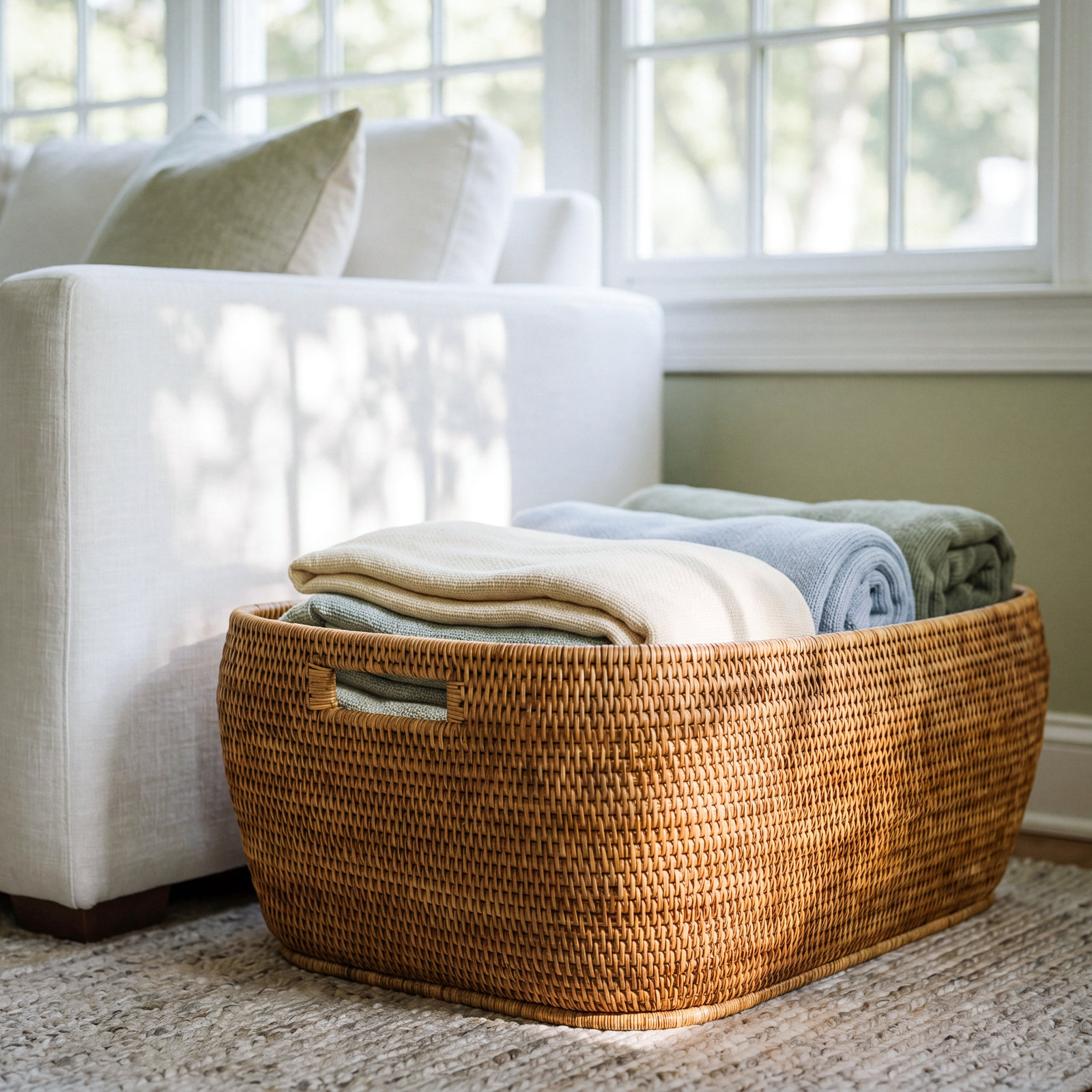 Handmade Coastal Decorative Basket 1, Honey Brown, 9" H x 26" W x 20" D