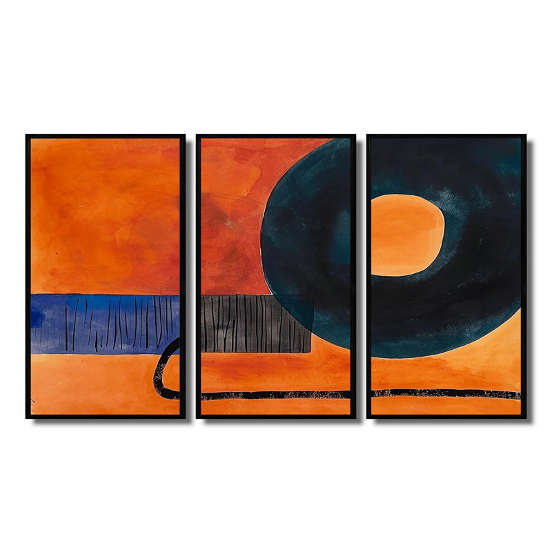 Retro Dada, peinture, orange, noir, ensemble d'art abstrait mural, Cadre flottant noir, H 40 po x l 60 po x P 1 po