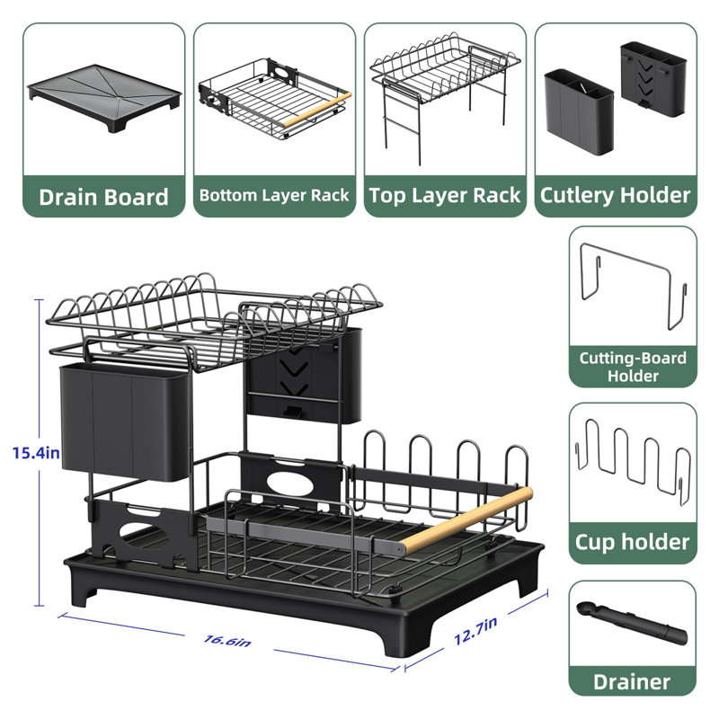 2-Tier Dish Drying Rack With Automatic Drainboard