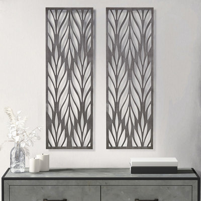 Décoration murale en panneau de bois gris à finition lustrée grise - 2 motifs complexes l 12 po x H 36 po pour l'intérieur