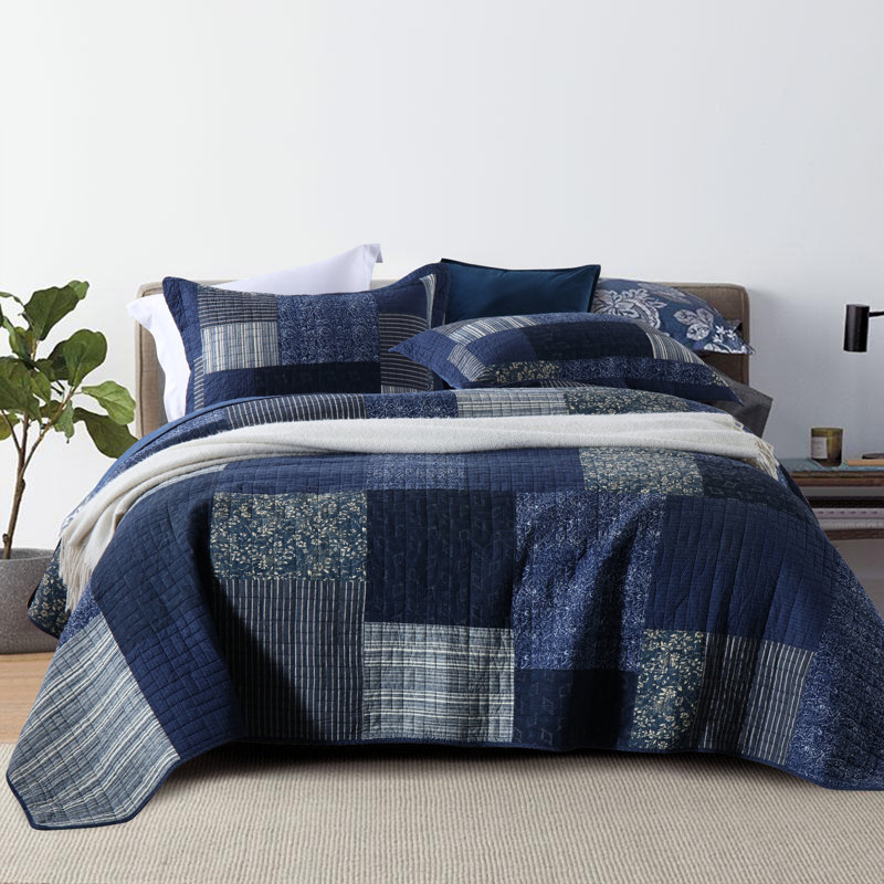 Ensemble de courtepointe réversible 100% coton à motif floral, Bleu, Édredon très grand et 2 très grandes taies déc