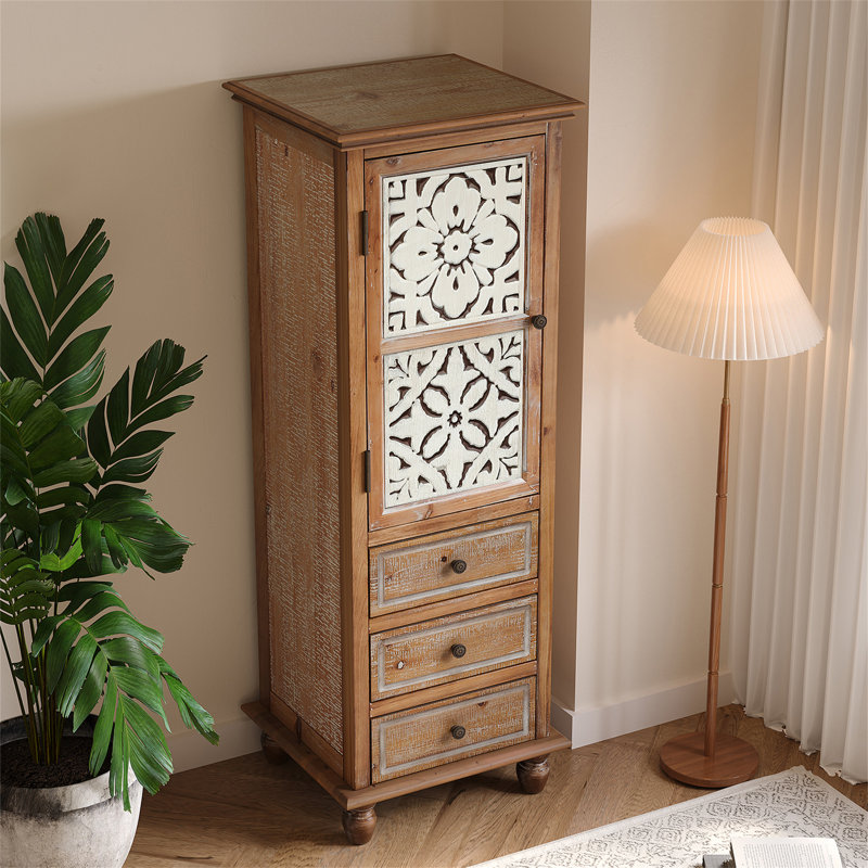 Armoire de rangement rustique en bois avec porte découpée décorative et 3 tiroirs