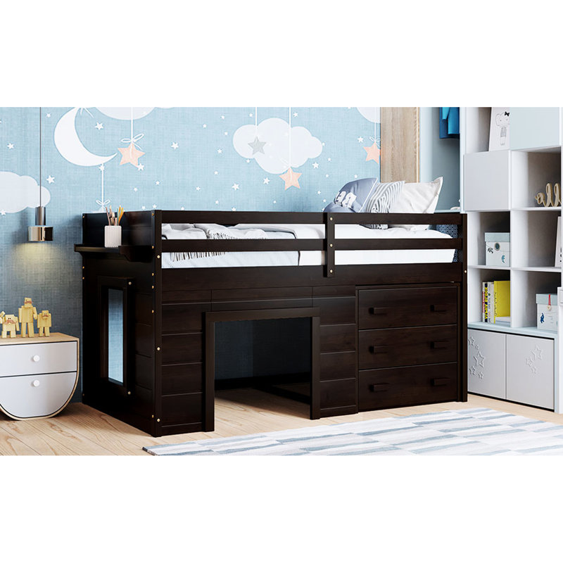 Safe Twin Loft Bed In With Functional Storage Cabinet And Shelf -Colored - & Versatile, Espresso