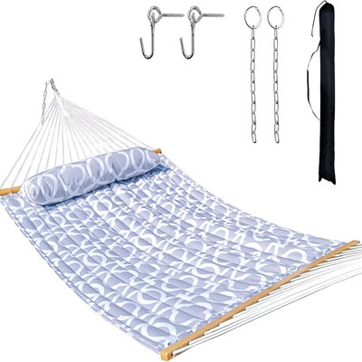 2 Person Cotton Rope Hammock with Removable Polyester Pad, 500LBS Capacity, Portable & Adjustable Design, Includes Storage Bag, Indoor Outdoor Use - White Gray