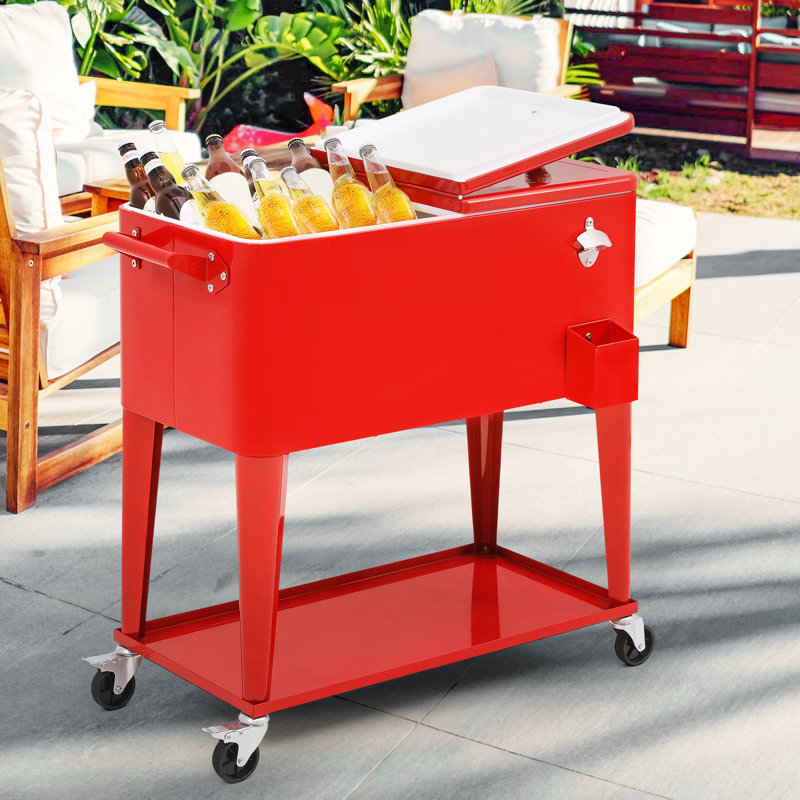 Red Steel 80 Quart Rolling Cooler Cart with Bottle Opener