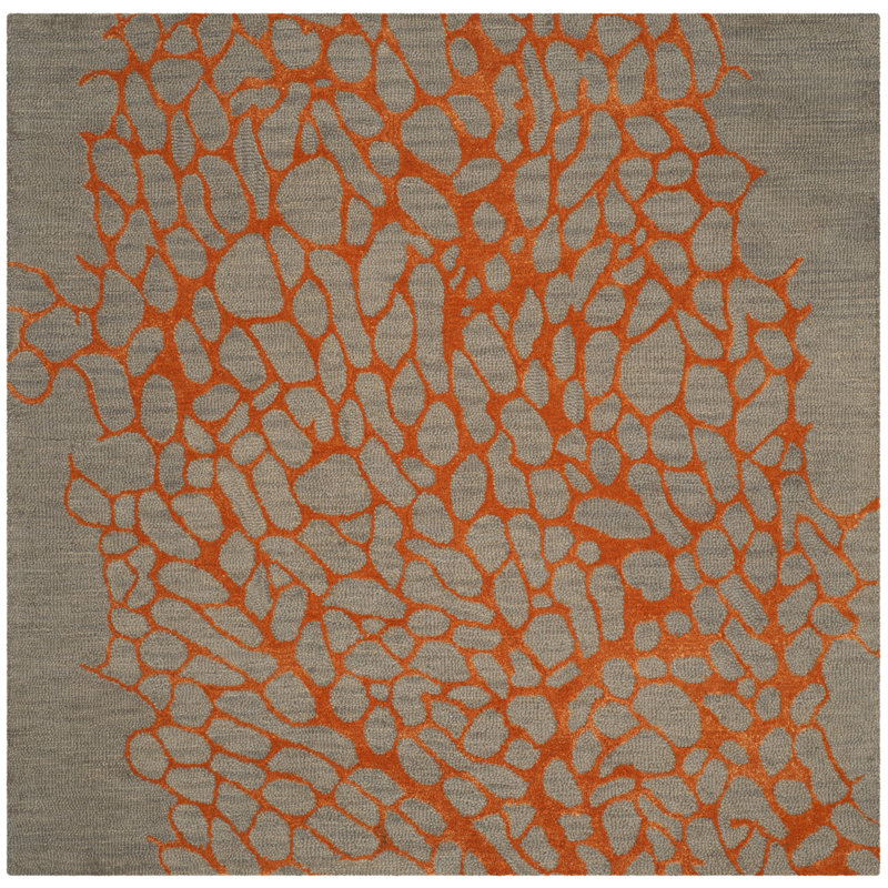 Tapis gris / orange en laine crocheté à la main Rigsby, Carré 6 pi