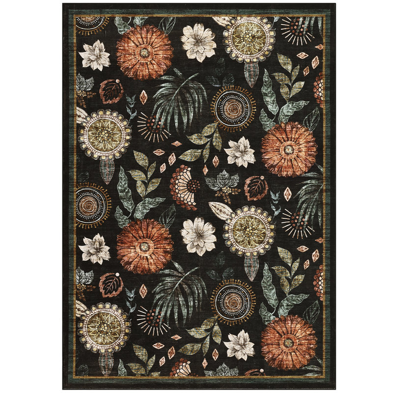 Large Area Rug 9x12 Farmhouse Floral Rug Non Slip, Thin Washable Indoor Carpets, Soft Non Shedding Printed Mats, Low Pile Foldable Floor Covering for Open Spaces Office, Black