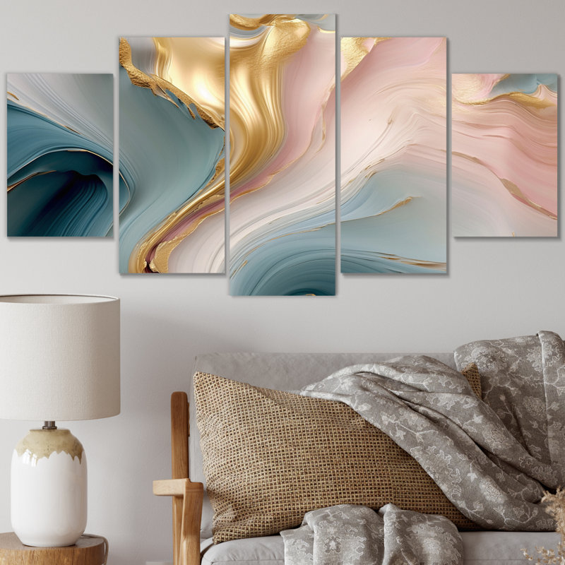 Exquis harmonie liquide rose doré - formes abstraites murales - 5 panneaux