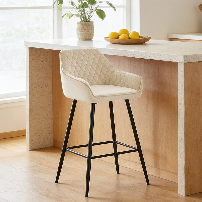 Velvet/Suede Upholstered Bar Stools with Armrests & Diamond Tufting, Velvet Beige