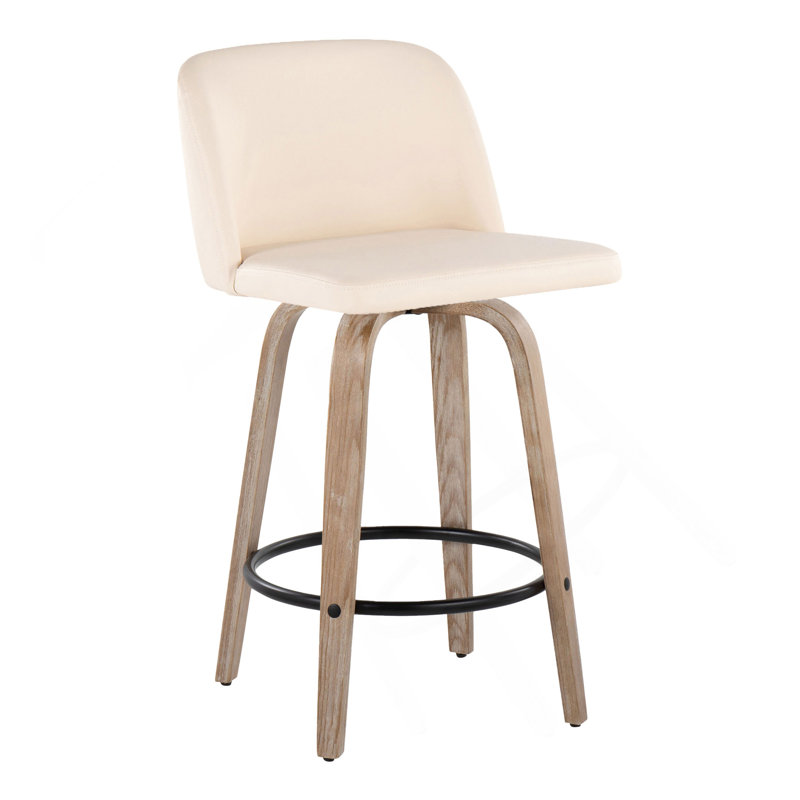 Tabouret de comptoir de style moderne Mid-Century avec pivot en bois blanchi et en similicuir crème avec repose-pieds rond noir en métal de 26 po Toriano par Lumisource - ensemble de 2