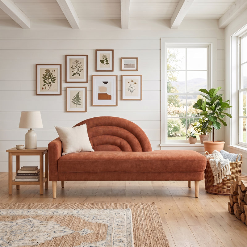 Modern Rainbow-Inspired Curved Backrest Chaise Lounge with Tapered Wood Legs, Ocher Linen, Ocher