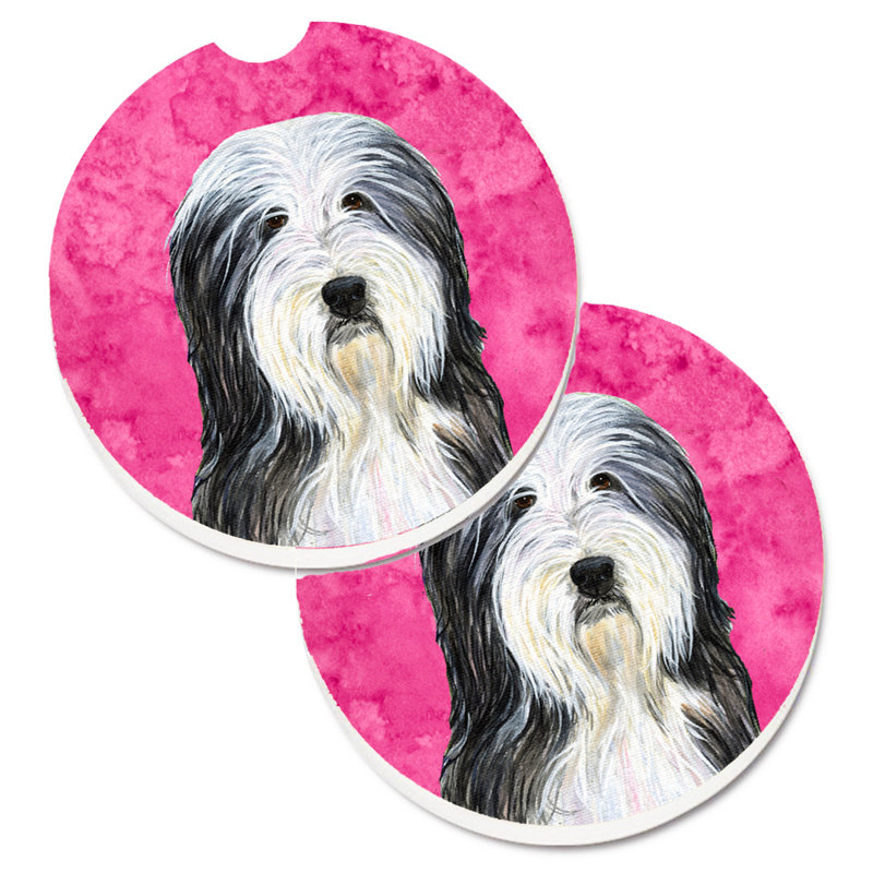 Ceramic Round 2 Piece Car Coaster Set, Bearded Collie
