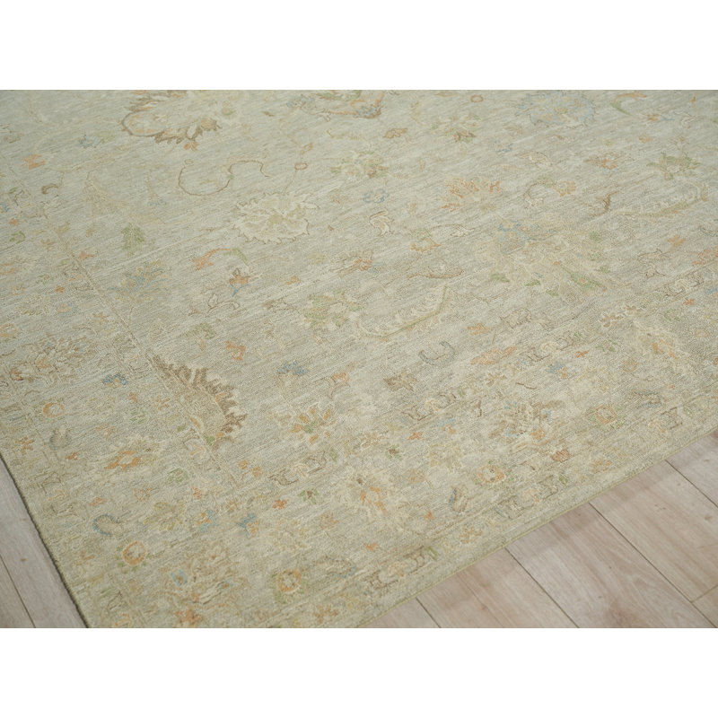 Santorini hand-knotted Wool/Silk Green Area Rug, Light Silver, Rectangle 8' x 10'