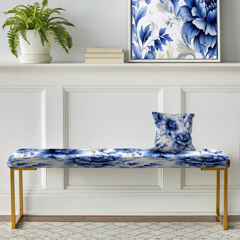 Banc floral rembourré or, Dahlia orné beige et bleu damassé II 