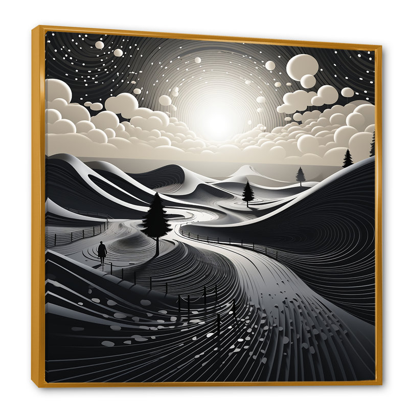 «White and Black Abstract Line Mountain Landscape I - Fruits», art mural, Cadre flottant doré, 36" H x 36" W