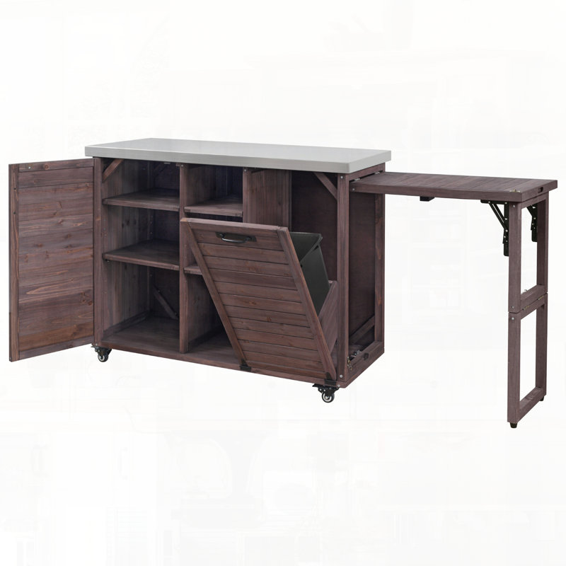 Outdoor Grill Cart with Foldable Table and Trash Can Storage, Dark Brown