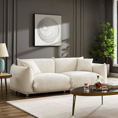 Surdimensionné à 2 places avec structure en bois massif et pieds en métal, couleur blanche, conception à accoudoirs carrés, rembourré de mousse, revêtement en tissu, cadre de bureau pour salon, style, pièce idéale, appartement