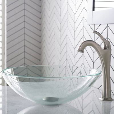 Glass Circular Vessel Bathroom Sink with Faucet