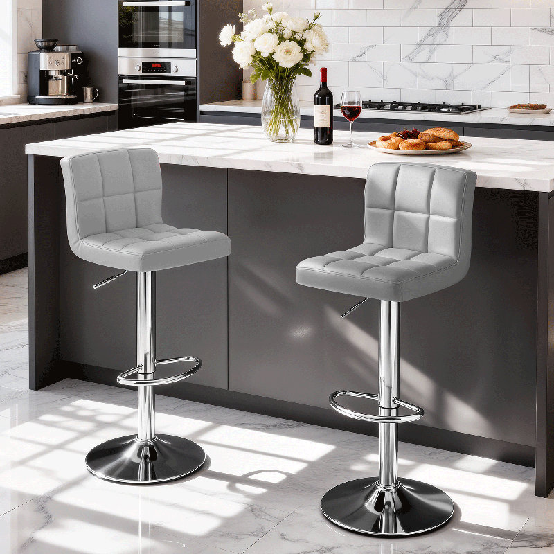 360° Swivel Counter Height Bar Stools, Faux Leather Adjustable Bar Chairs For Kitchen Or Home Bar, Gray, Chrome