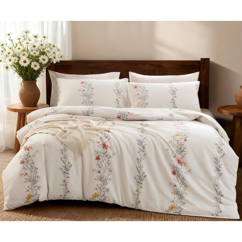 SLEEPBELLA Duvet Cover Set, 600 Thread Count Cotton Patchwork Comforter Cover Set Reversible Quilt Cover, Beige Floral