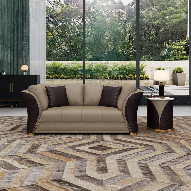 Leather Loveseat, Sand Beige/Chocolate Genuine Leather
