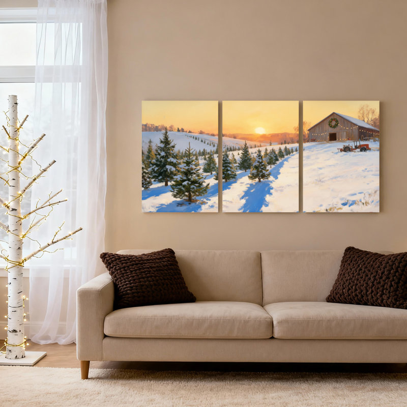Ensemble de 3 toiles murales représentant un coucher de soleil d'hiver dans une ferme, H 30 po x l 60 po