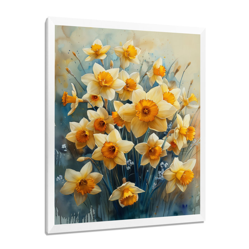 Bouquet de jonquilles en fleurs jaune et gris - jonquilles, H 30 po x l 40 po, Cadre simple blanc