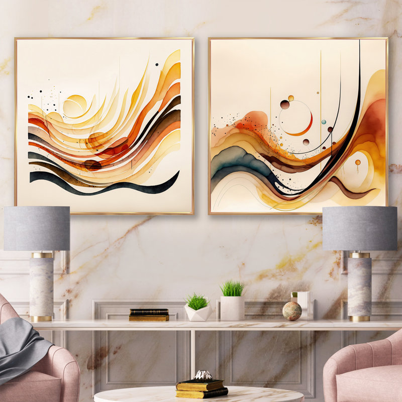 Burnt Orange Waves Abstract - Modern Square Collage Set Of 2, Gold Floater Framed, 36" H x 73" W