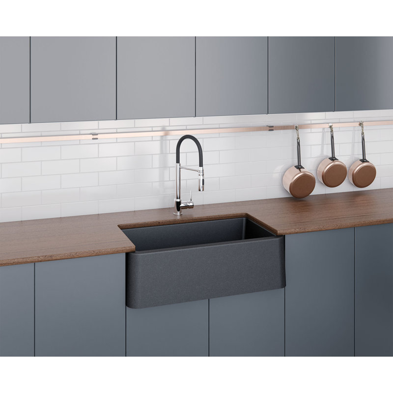 33" L x 19" W Apron Quartz Kitchen Sink, Black Metallic