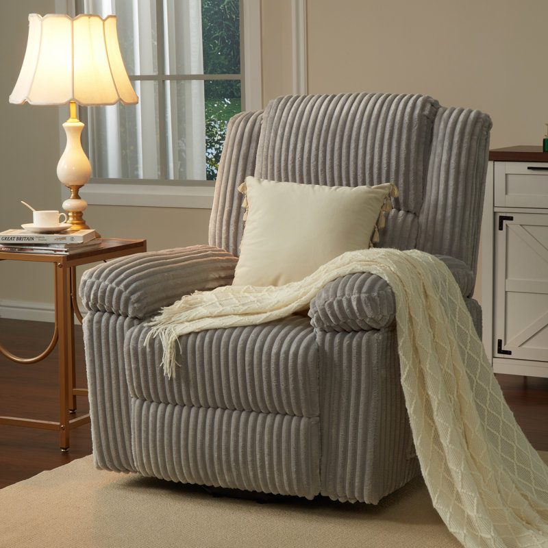 Corduroy Recliner Chair, Manual Recliner Sofa with Handle, Pillow Top Arms, Thick Padding, Side Pocket, Light Gray