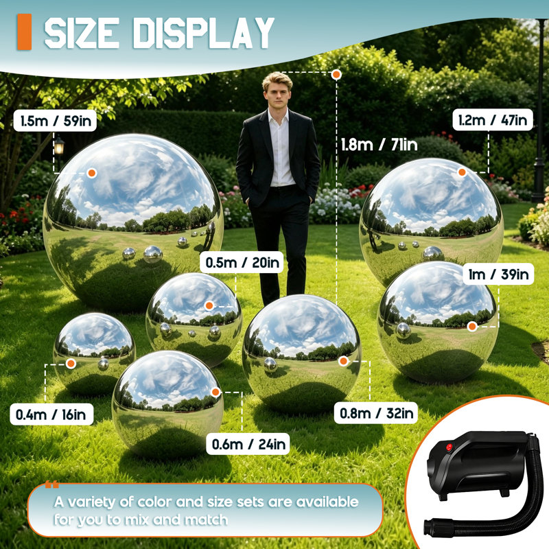 Boules de miroir gonflables avec anneau en D, boule décorative réutilisable, 15.7"+23.6"+31.5", Argent